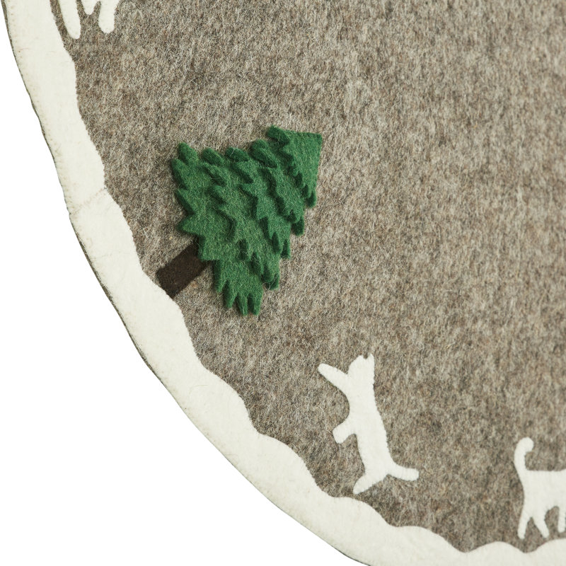 Handmade Felted Grey Christmas Tree Skirt - 36", Cream Cats & Green Trees T1CAT36