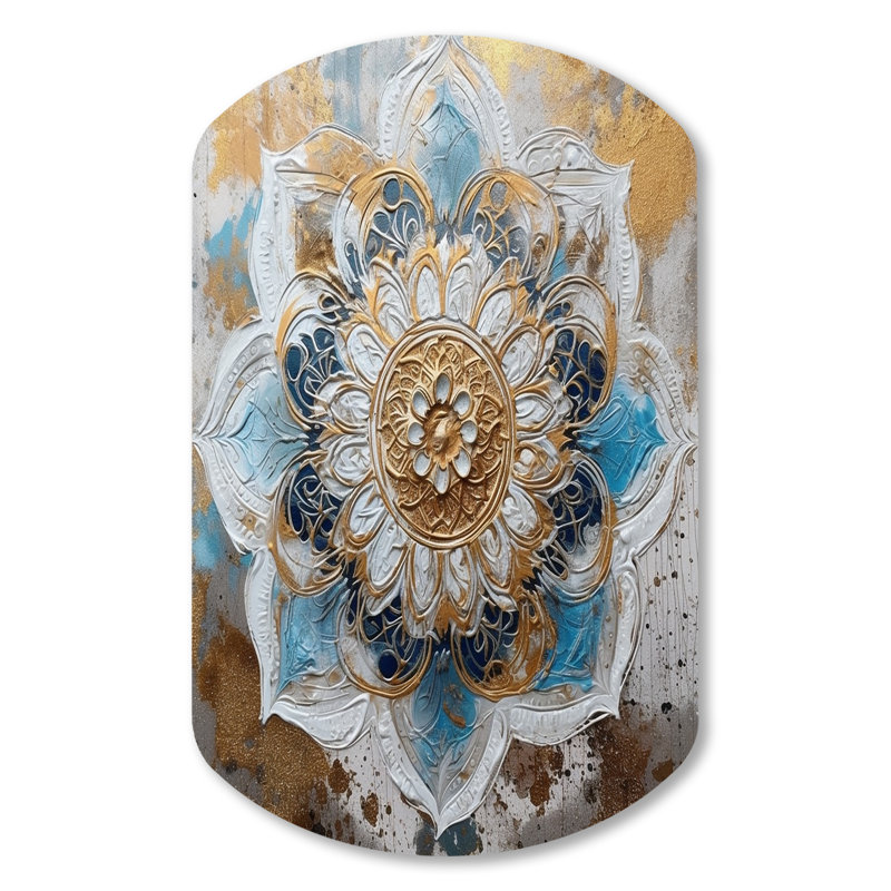 Blue And Gold Mandala I - Boho Mandala Asymmetrical Metal Wall Art, Blue Freeform Metal Art Print, 31" H x 19" W x 1" D