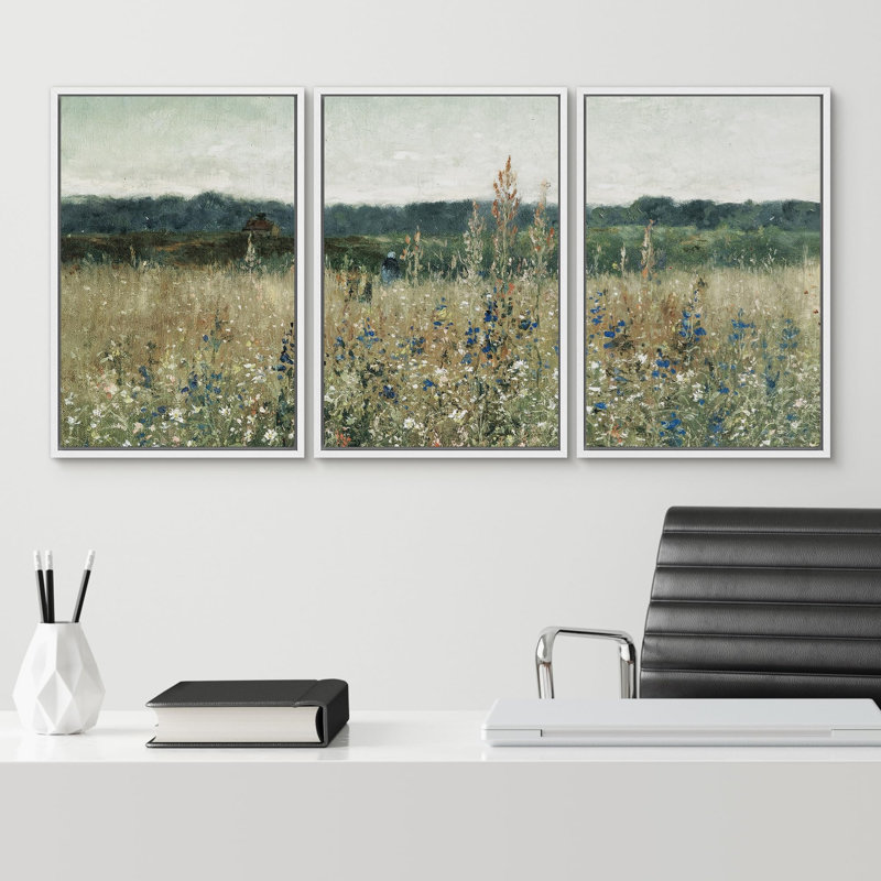Rural Landscape " Pastoral Fields Rustic Wildflower Countryside Floral Landscape Illustration Rustic Artwork Ultra " 3 - Pieces