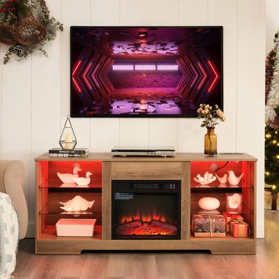 Meuble télé de 58 po avec foyer électrique, effet de flamme 3D, éclairage DEL, compatible avec les téléviseurs de 32 à 62 po en chêne, largeur réglable de 58 po (47 cm).