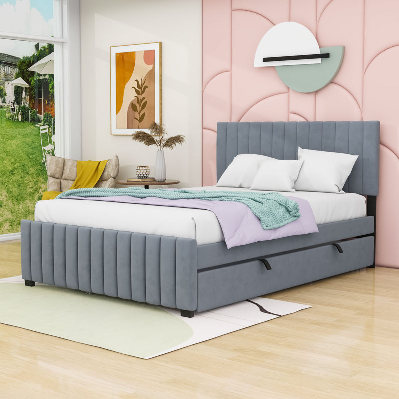 Lit plateforme tapissier en velours avec gigogne Elegant, Gray