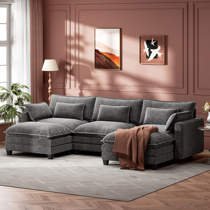 111" Modular Sectional Sofa with 2 Movable Ottomans, U-Shaped Oversized 3-Seat Chenille Cloud Sofa with 5 Pillows for Living Room, Gray