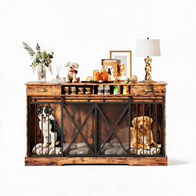 Meuble pour cage de chien 63 pouces, double chenil avec cloison amovible, portes coulissantes, 2 tiroirs, brun rustique