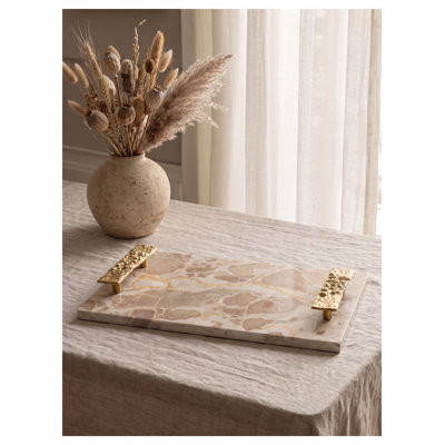 17.7x9.7x2" Marble Tray with Gold Handles