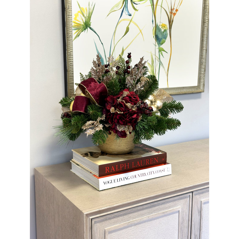 Holiday Arrangement with Hydrangeas, Ornaments and Berries