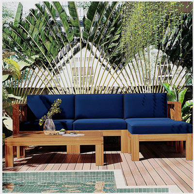 Ensemble de conversation modulaire en bois pour terrasse 5 pièces avec coussins, finition naturelle et coussins bleus Topmax
