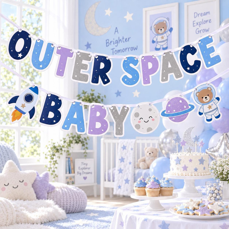 Outer Space Baby Shower Banner, Astronaut Cardstock Garland, Gender Reveal Decor