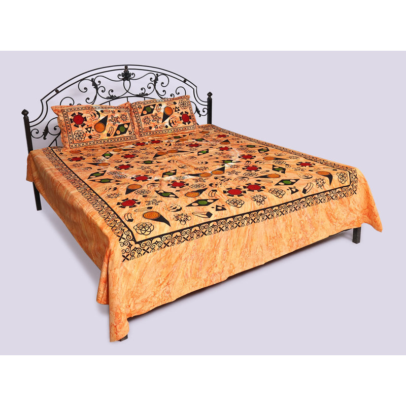 Couvre-lit de grande taille en coton teint Batik avec motif géométrique Exotic India, Orange géométrique