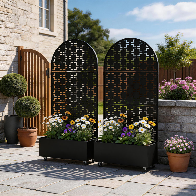 Boîte à fleurs en métal avec treillis et roues, H 70,8 po x l 35,5 po x P 15,7 po, Noir