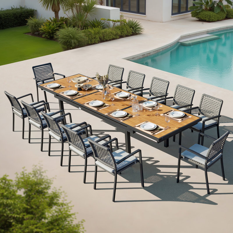 Ensemble de table de salle à manger extensible Heck pour 12 personnes avec structure en teck et chaises en rotin tissées à la main avec coussins