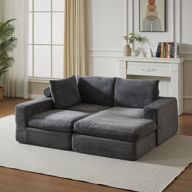 Canapé modulaire en L en velours côtelé sans méridienne de 99 po avec 3 coussins Boneless, Velours côtelé - Gris