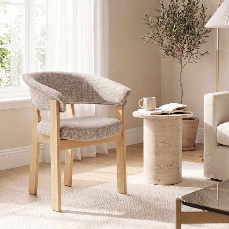 Chaise de salle à manger rembourrée avec accoudoirs tonneau, Natural Wood, Ivory