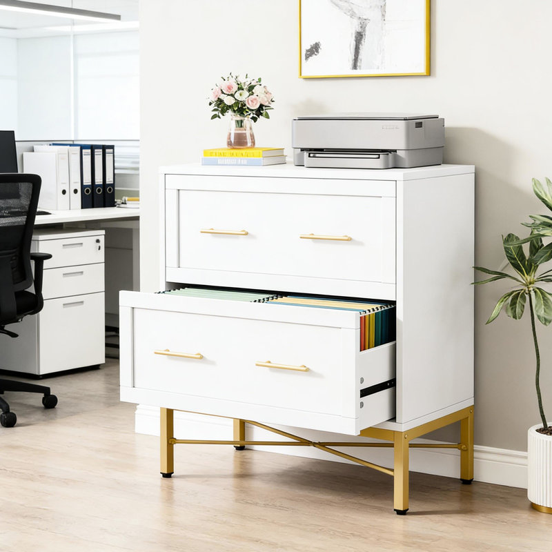 2 classeurs latéraux au design élégant blanc et doré, tiroirs entièrement extensibles, surface de travail de 31,4 po x P 15,7 po pour les décorations, verrouillage intégré, solution d'assemblage facile, finition avec garniture, surface