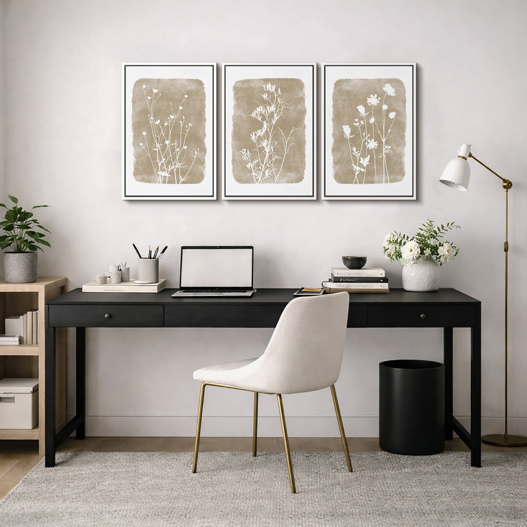 Minimal Botanical "Neutral Beige Rustic Botanical Floral Artwork, Vintage Simple Wildflower Living Room Pictures, Framed Canvas Giclee Print 3 Pieces Wall Art" IDEA4WALL Frame 