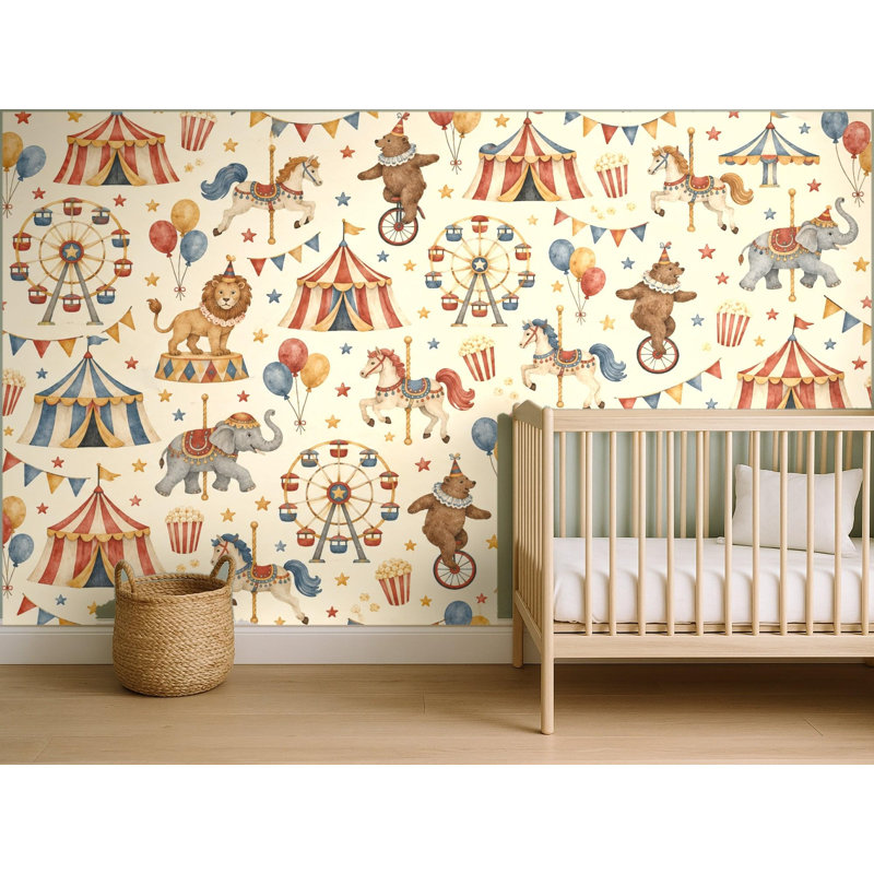 Storybook Carnival Wallpaper Mural, Peel and Stick Kids Room Wall Mural, Watercolor Nursery Wallpaper Made to Measure