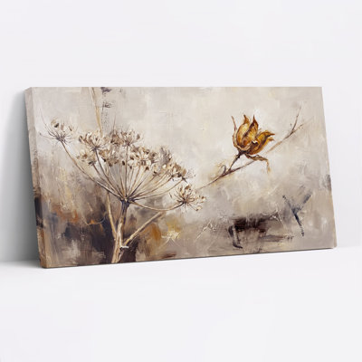 Bouton de fleur séché et tête de graine sur toile beige en impasto, art mural d'Halloween