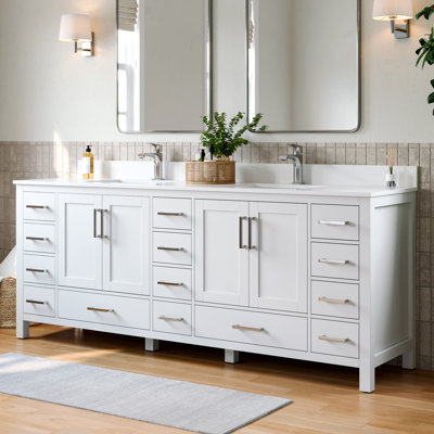 Meuble-lavabo autoportant moderne 84 po 84 po avec lavabo double avec comptoir en marbre de culture, cuve en céramique blanche, quatorze tiroirs et deux armoires de rangement en bois massif, blanc
