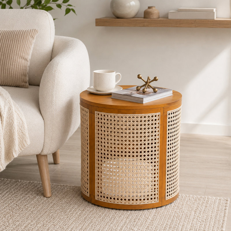 Table d'appoint ajourée en rotin de couleur ocre tissée en rotin, pouvant être utilisée comme table de chevet ou table basse, conception polyvalente et facile à assembler.