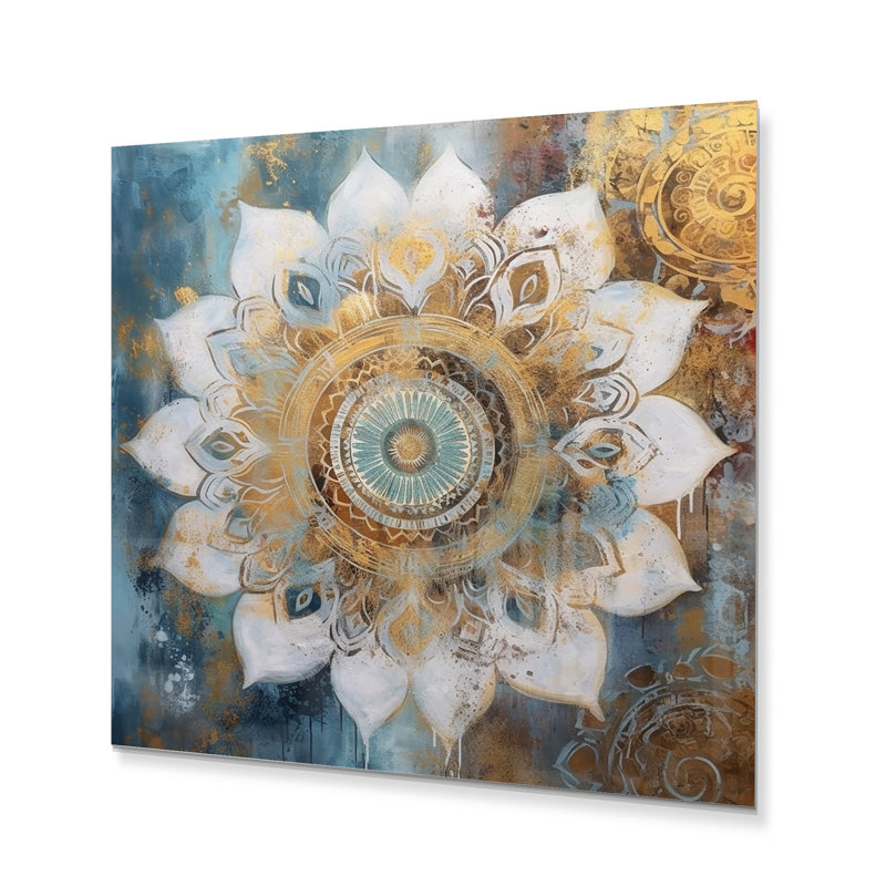 Blanc et or Mandala II - impression, H 36 po x l 36 po x P 1,5 po, Metal