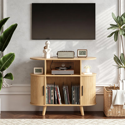 Fluted Mid Century Modern Turntable Cabinet 35 Inch, Large Round Record Player Stand with Charging Station and Display Shelf for Living Room
