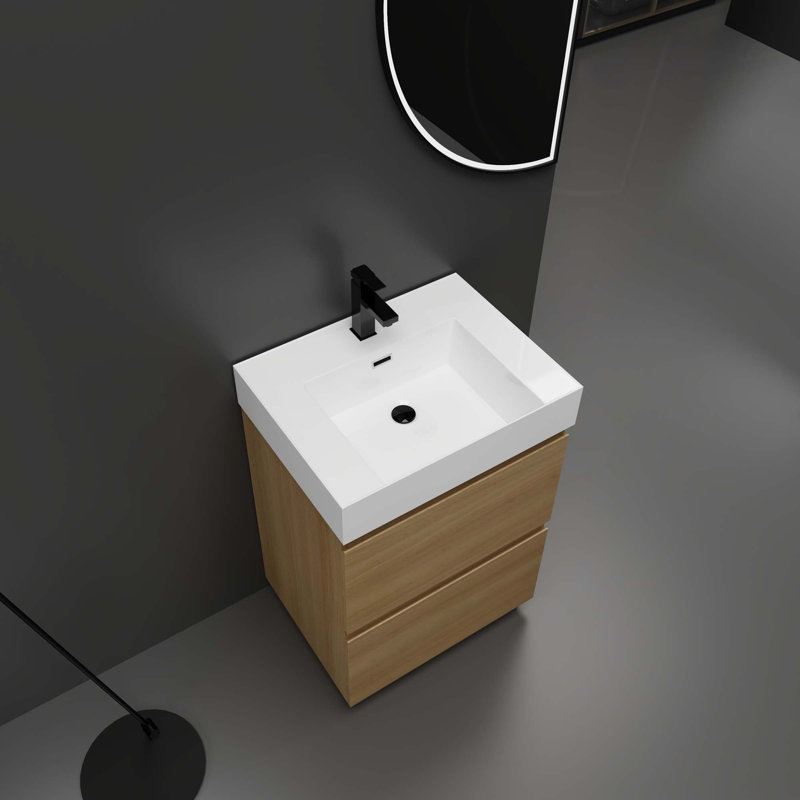 Meuble-lavabo pour salle de bain avec lavabo simple, meuble-lavabo sous-comptoir moderne avec double tiroir, meuble-lavabo autoportant, bois d'ingénierie, chêne