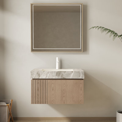 Meuble-lavabo de 30 po avec lavabo, armoire de rangement flottante avec tiroir et porte à fermeture en douceur, comptoir en pierre frittée grise, lavabo en céramique encastré à 1 trou, pré-assemblé, Heidelberg