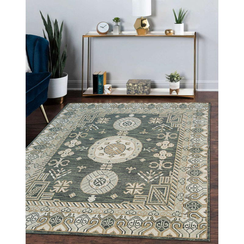 Tapis vert en laine noué à la main Rhea, Rectangulaire 8 pi x 10 pi