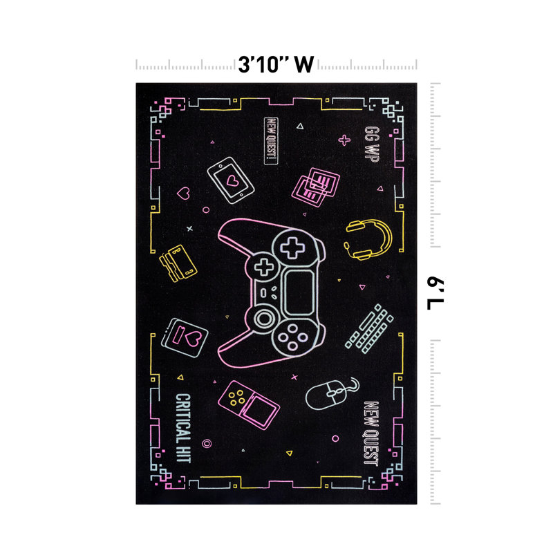 Neon Arcade Controller, Gaming Area Rug, Black, Non-Slip Backing, 3 pi 10 po x 6 pi