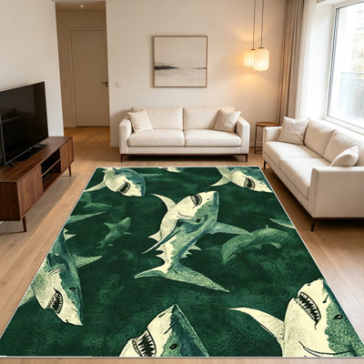 Tapis 1 pièce à motif de requin à thème marin pour le salon, doux et confortable, adapté à toutes les saisons, facile à entretenir, tapis de sol intérieur lavable à la machine, sous la table de ferme convenant à la chambre à coucher, à la salle à manger, au balcon, au patio, au bureau,