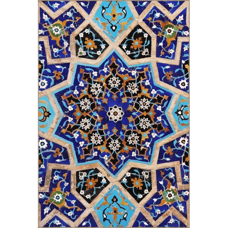 Tapis bleu lavable décoratif multicolore à motif rétro bleu, Sous-tapis carré 3 pi 3 po inclus