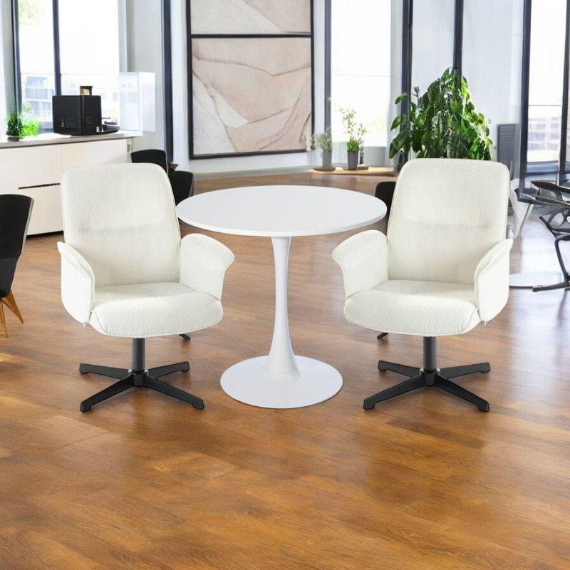 3-Piece Modern Adjustable Swivel Chair and Round Table Set for Office Conference Room or Meeting Space, White/Ivory