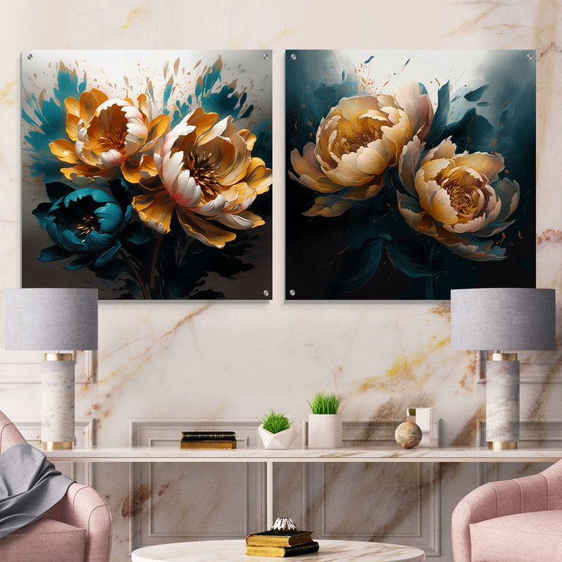 Art pivoines jaunes et bleues I - ensemble de 2 peintures murales en acrylique, H 16 po x l 33 po