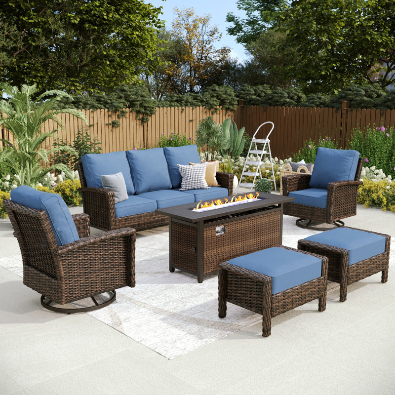 Premium All-weather Wicker 7 - Person Patio Conversation Sets With Fire Pit Table, Navy