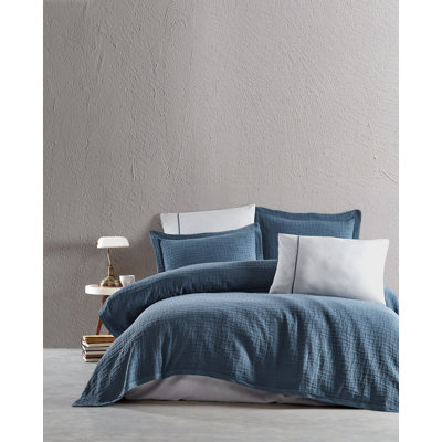 Ensemble de couvre-lit double 100% coton jacquard, bleu | Comprend une housse de lit (94,5 x 102,4), un drap plat (94,5 x 102,4), 2 taies d'oreiller (19,7 x 27,6) et 2 taies d'oreiller Oxford (19,7 x 27,6 + 2) | Lavable à la machine, doux et durable