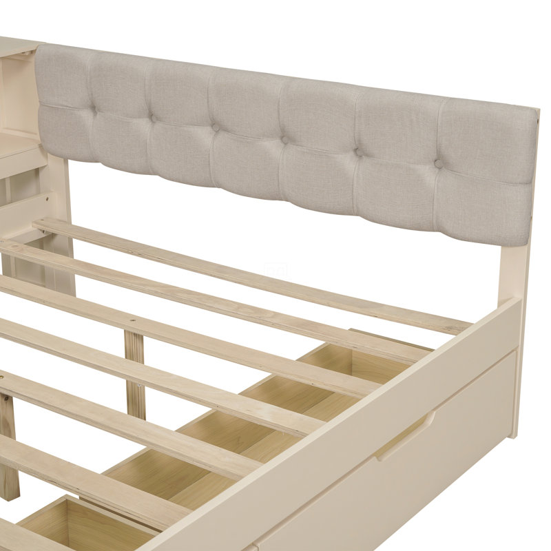 Lit plateforme double en bois avec tablettes de rangement, tiroirs, station de charge et tête de lit tapissier