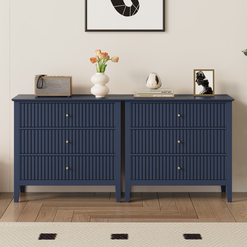 Fluted 3 Drawer Dresser Set Of 2, Blue