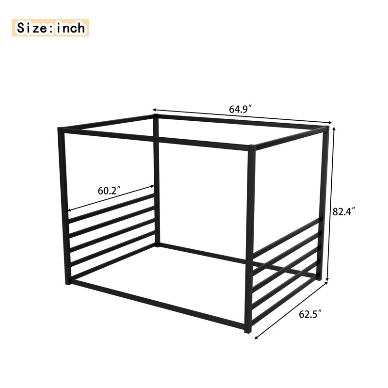 Queen Size Black Metal Floor Bed Frame with Fence Guardrails, Low Platform Modern Bed with Canopy Frame