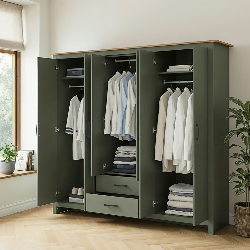 Limestone 6 Door 2 Drawer Wardrobe with Mirror, Kale Green