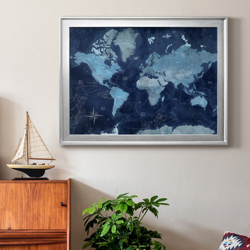 Carte du monde - impression encadrée, H 18,5 po x l 24,5 po x P 1,5 po, Toile avec cadre argenté, Pas de tapis