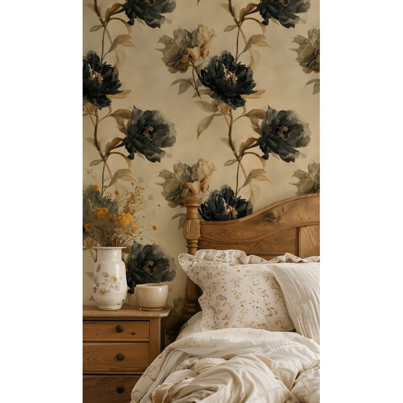Papier peint floral noir avec pivoines noires, adhésif mural beige