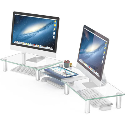 Support double pour écran - Longueur et angle réglables pour écran double, organisateur de bureau pour PC, ordinateur, ordinateur portable (transparent)
