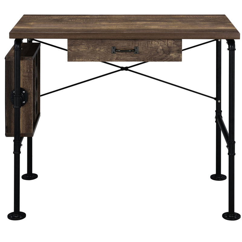 Bureau d'écriture en chêne patiné et noir avec espaces de rangement fonctionnels, tablettes pour un travail de bureau efficace