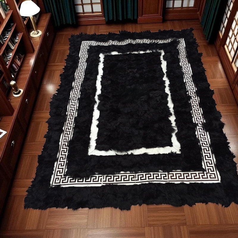 Tapis de couloir patchwork fait à la main noir et blanc en cuir toscan, Rectangle 3 pi x 3 pi 4 po