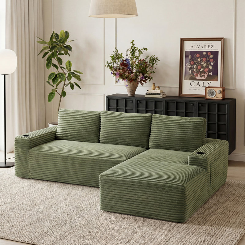 Canapé d'angle en forme de U de 104,3 po, tissu en velours côtelé, ensemble de 2 pièces, canapé d'angle, vert, aucun assemblage requis