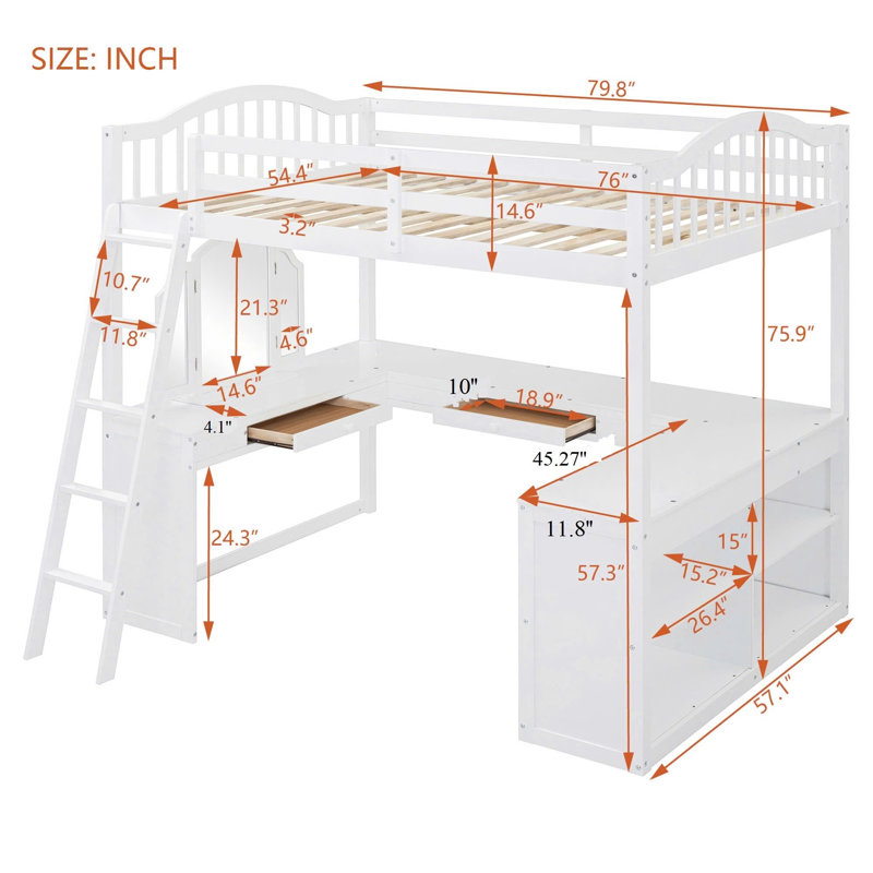 Lit mezzanine double en bois avec bureau en U, compartiments de rangement et miroir à trois volets, blanc
