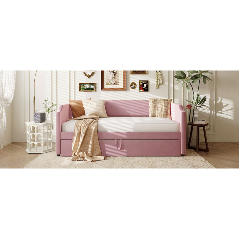 Twin Size Velvet Upholstered Daybed With Pop Up Trundle, Pink, Pink