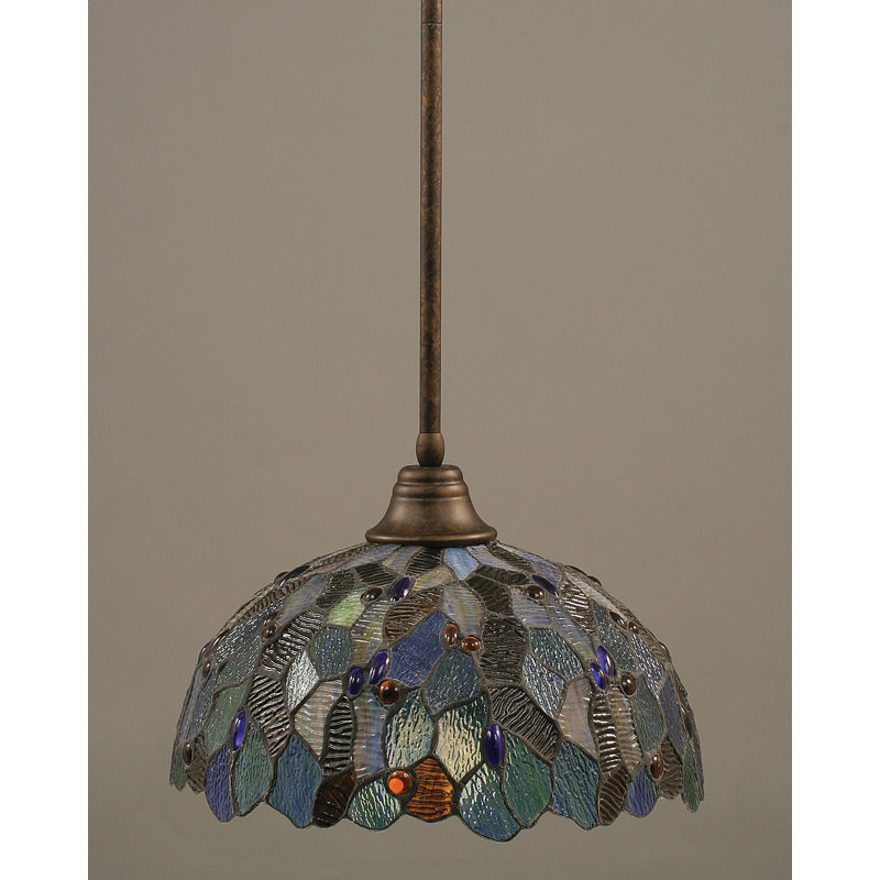 Stem Hung Pendant With Glass, Bronze, 14.75", Blue Mosaic Tiffany Glass