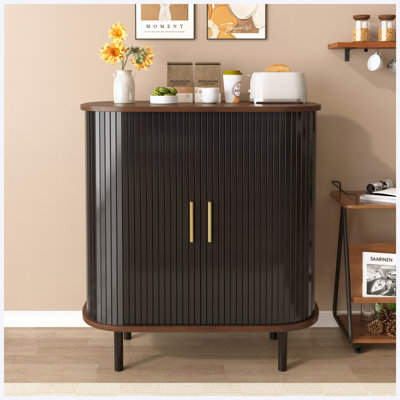 28" Modern Fluted Wine Bar Cabinet, Black Liquor Coffee Station with 8-Grid Wine Rack, Adjustable Shelves, Glass Holders & Tambour Doors for Home Bar, Kitchen, Dining Room