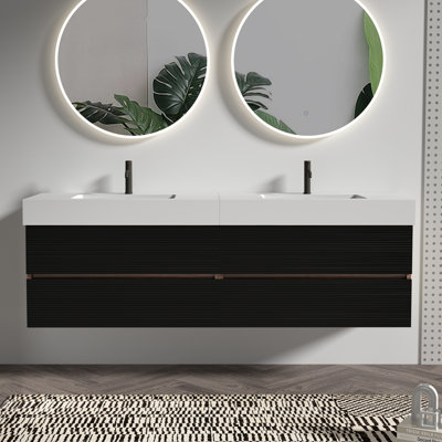 Grace 72''(36Inch*2) Bathroom Vanity with Matt Black Engineered Quartz Sink and Soft Black Drawers, Wall Mounted Floating Bathroom Vanity, One-Piece Glossy White Basin