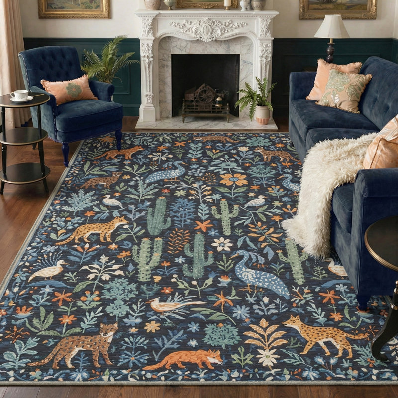 Aarna Midnight Forest Folk Art Animals & Botanical Navy Area Rug, Machine Washable Kids Rug, Inspired Faux Wool - High-Rebound Foam & Non-Slip Backing